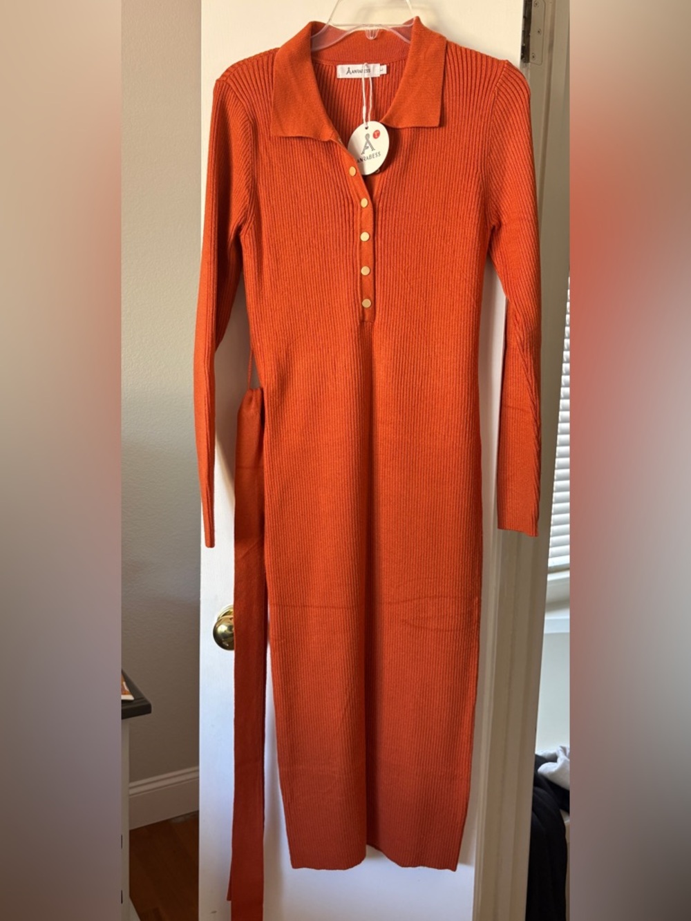 Aria & Co. Ribbed Knit Orange Polo Midi Dress